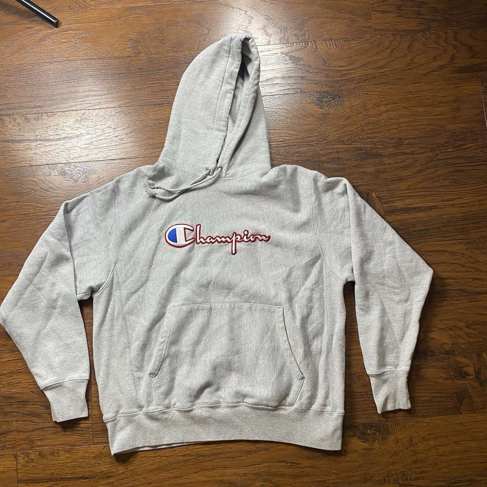 Champion Reverse Weave Hoodie Mens Large Gray Embroidered Script Logo Sweatshirt